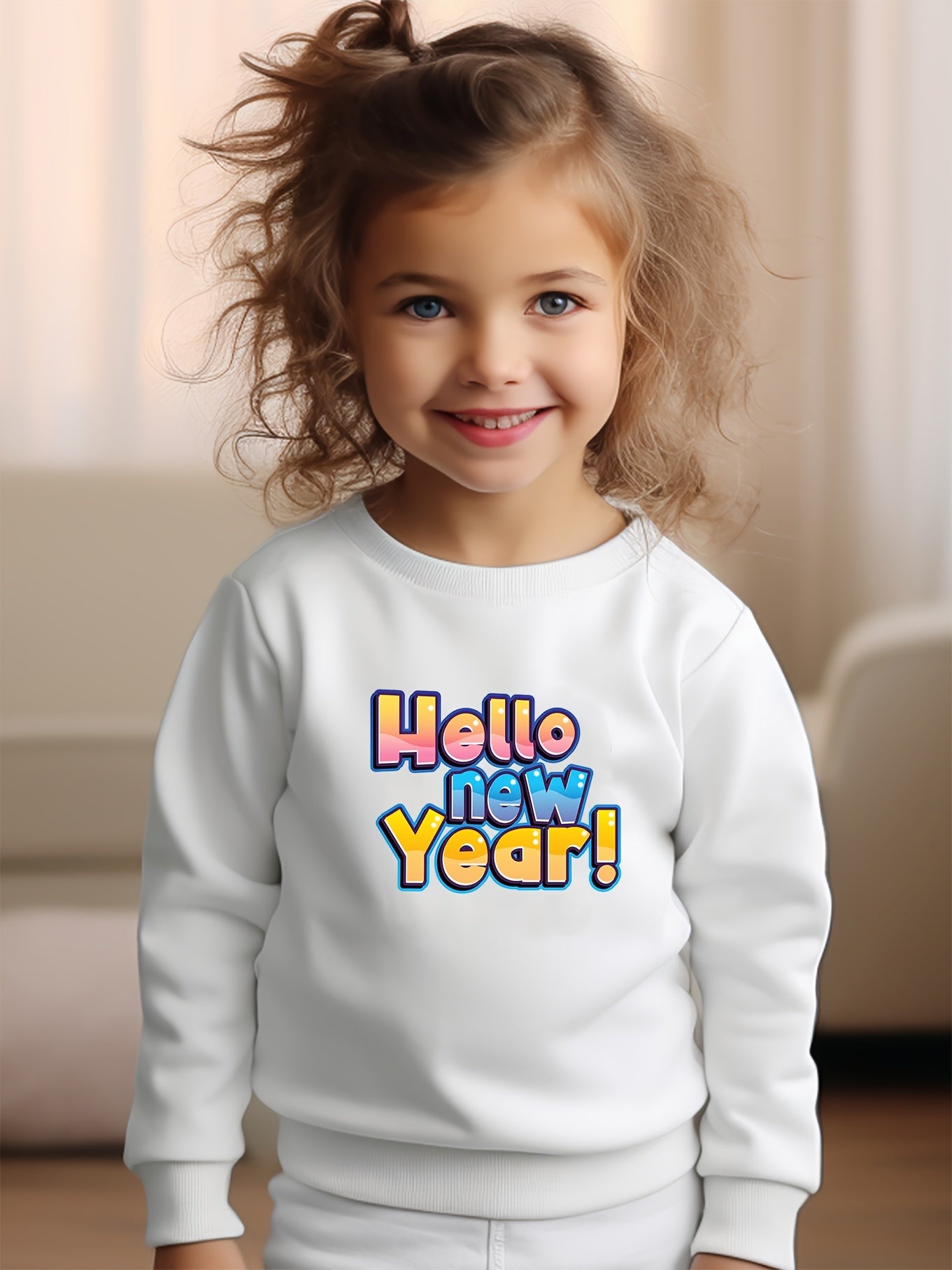 Girls Hello Year Pattern Crew Neck Long Sleeve Sweatshirt