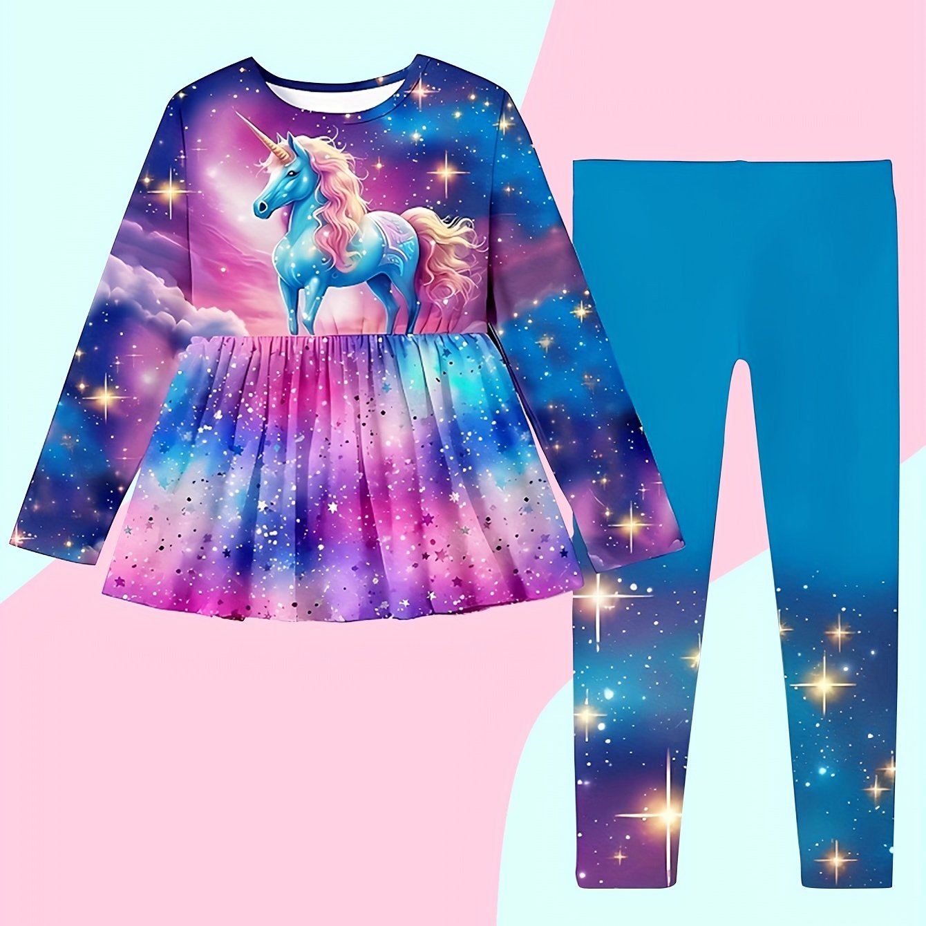 2pcs Unicorn Print Outfits Crew Neck Long Sleeve Top Pants Set