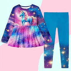 2pcs Unicorn Print Outfits Crew Neck Long Sleeve Top Pants Set