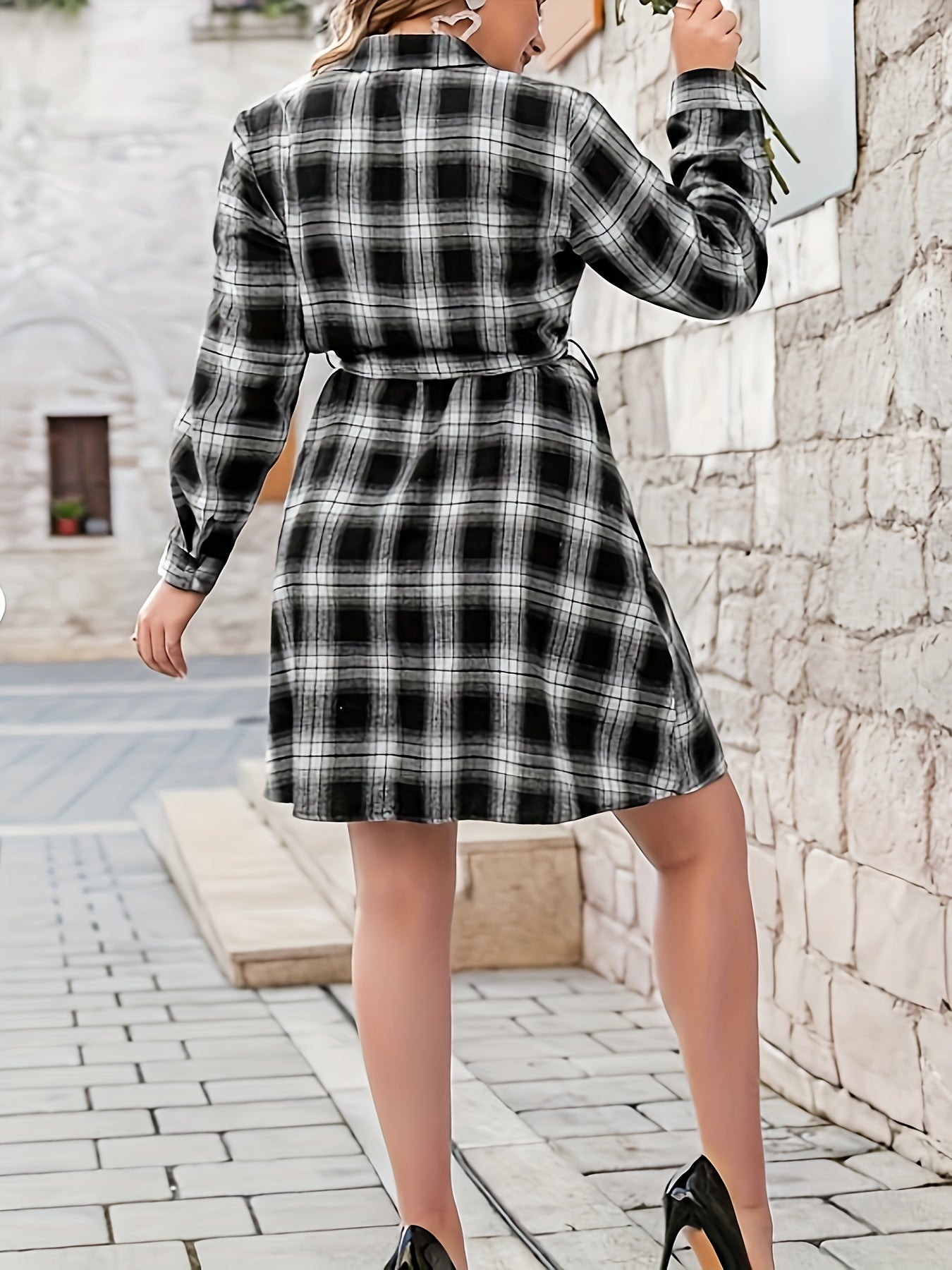Plaid Print Long Sleeve Shirt Dress With Belt