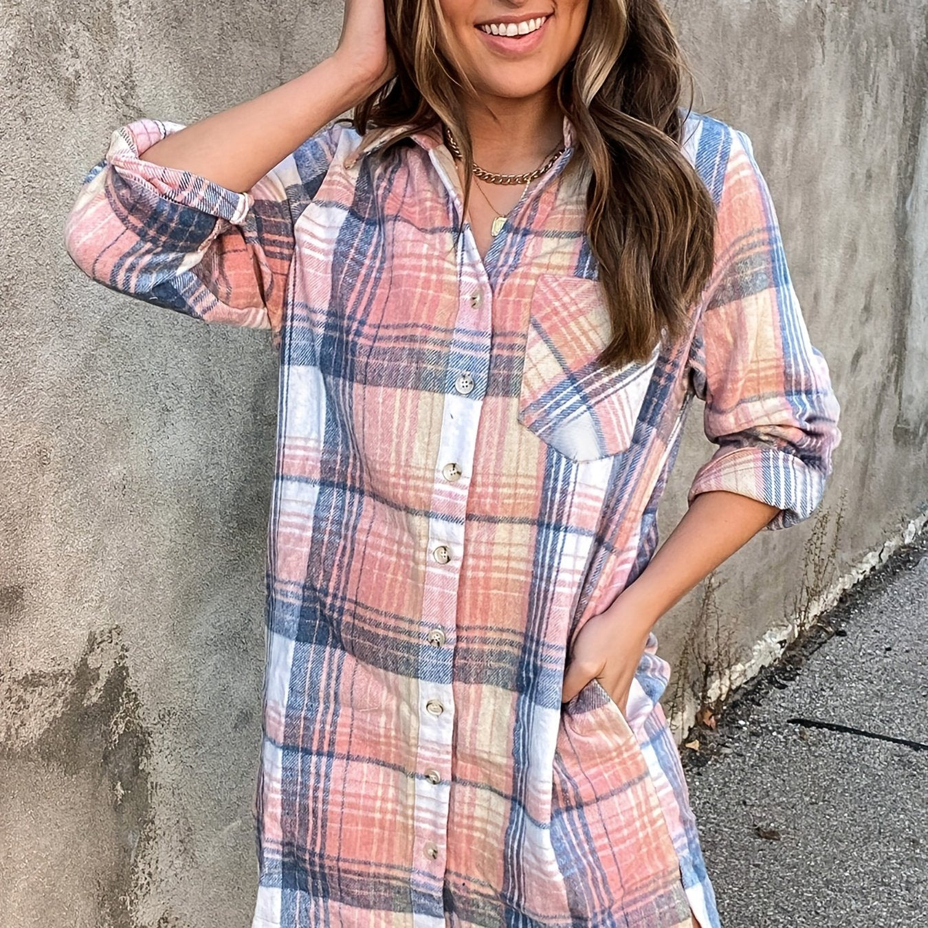 Plaid Print Button Up Long Sleeve Blouse
