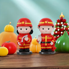 Firefighter Figurine Red Resin Crafted Doll Fire Truck Gear Christmas Gift Decor