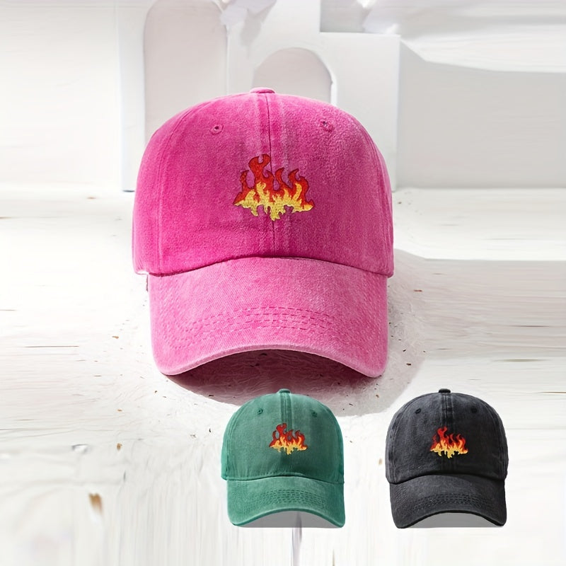 Flame Print Baseball Cap Washed Distressed Cotton Sports Hat