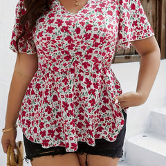 Floral Print Flutter Sleeve Peplum Top