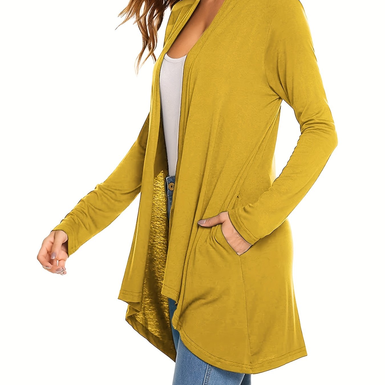 Open Front Drape Cardigan Long Sleeve Pocket Cardigan