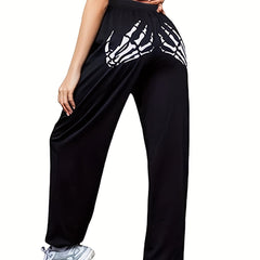 Halloween Sports Pants Women's Plus Skeleton Hand Print Elastic Waist