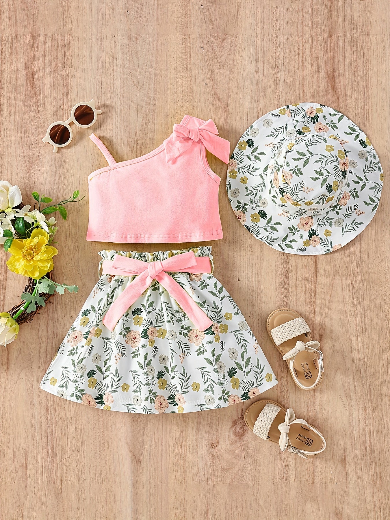 3pcs Toddler Girls Bow Crop Tank Top & Floral Skirt Set for Party