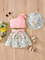3pcs Toddler Girls Bow Crop Tank Top & Floral Skirt Set for Party