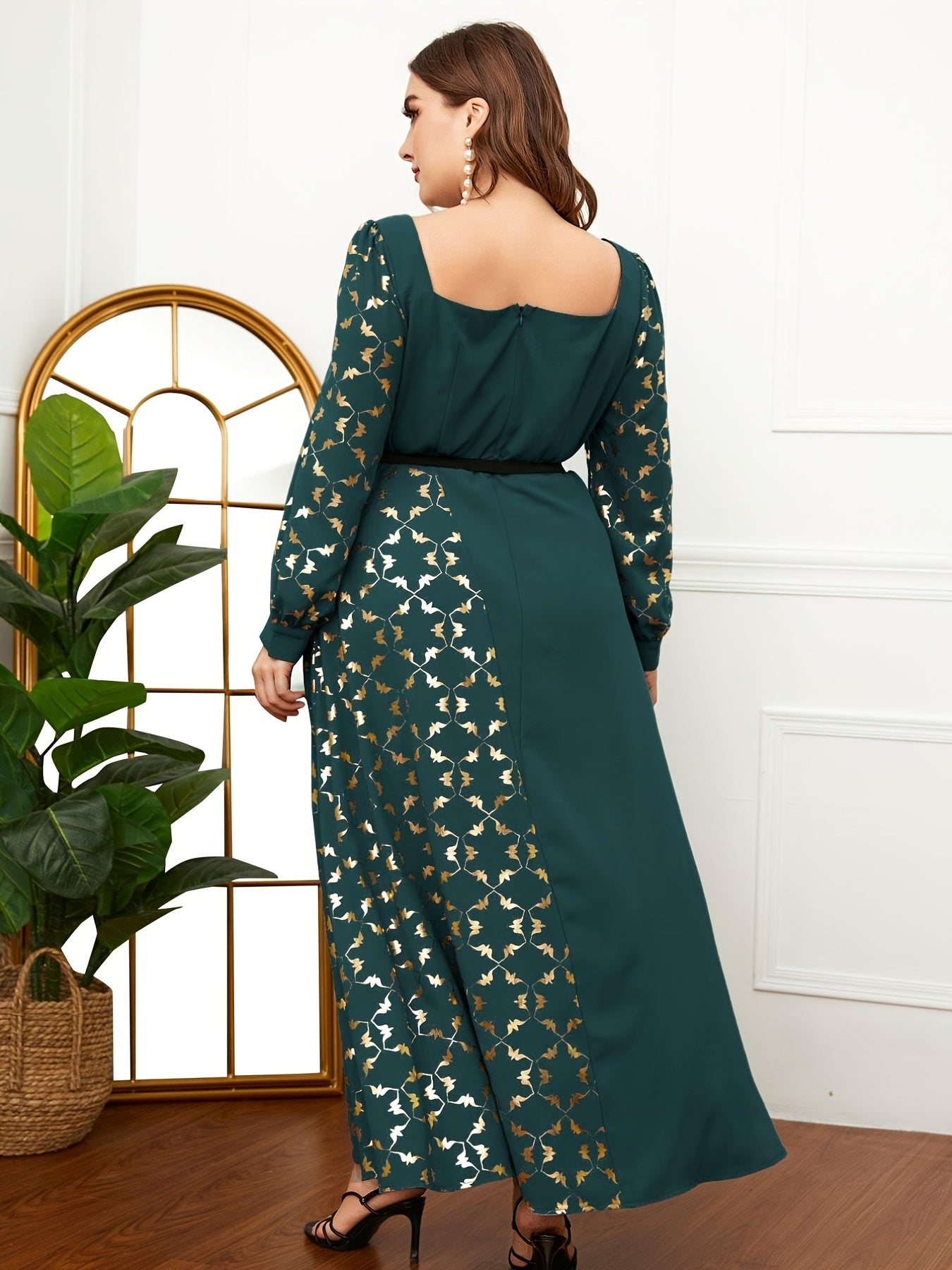 Abaya Dress Women Colorblock Floral Print Lantern Sleeve Maxi Dress