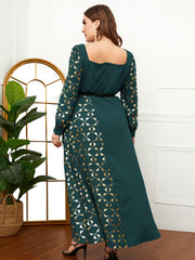 Abaya Dress Women Colorblock Floral Print Lantern Sleeve Maxi Dress