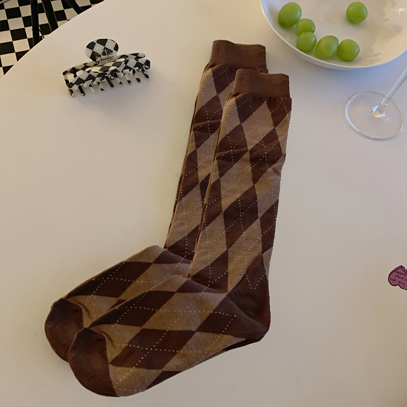 Argyle Calf Socks College Style Knee High Women's Stockings