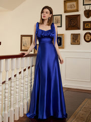 Satin Backless Bridesmaid Dress Sleeveless Lace Up Ruched Waist Gowns