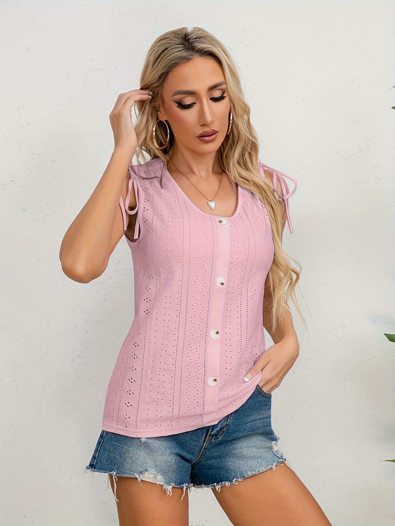 Eyelet Embroidered Tank Top Sleeveless Casual Top For Summer & Spring