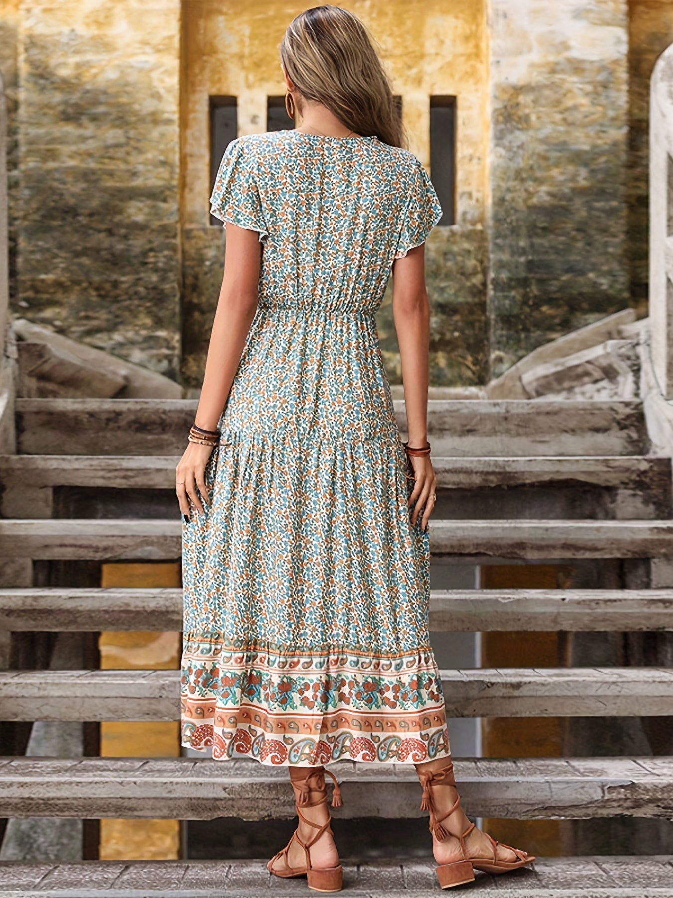 Boho Floral Print Dress Short Sleeve Casual Summer Spring Women's Clothing