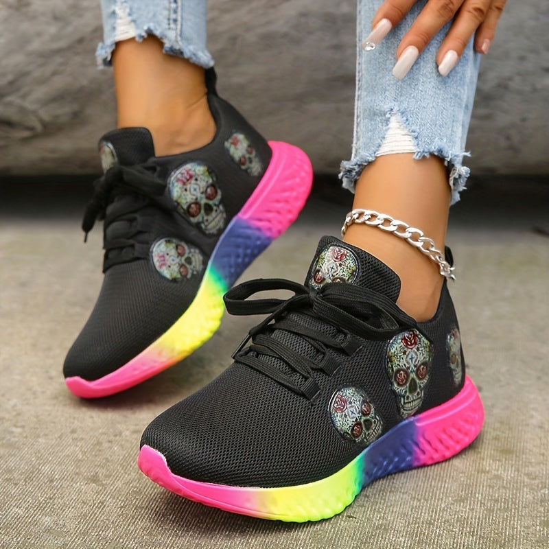 Skull Pattern Mesh Sneakers Lace Up Sports Shoes