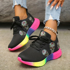 Skull Pattern Mesh Sneakers Lace Up Sports Shoes