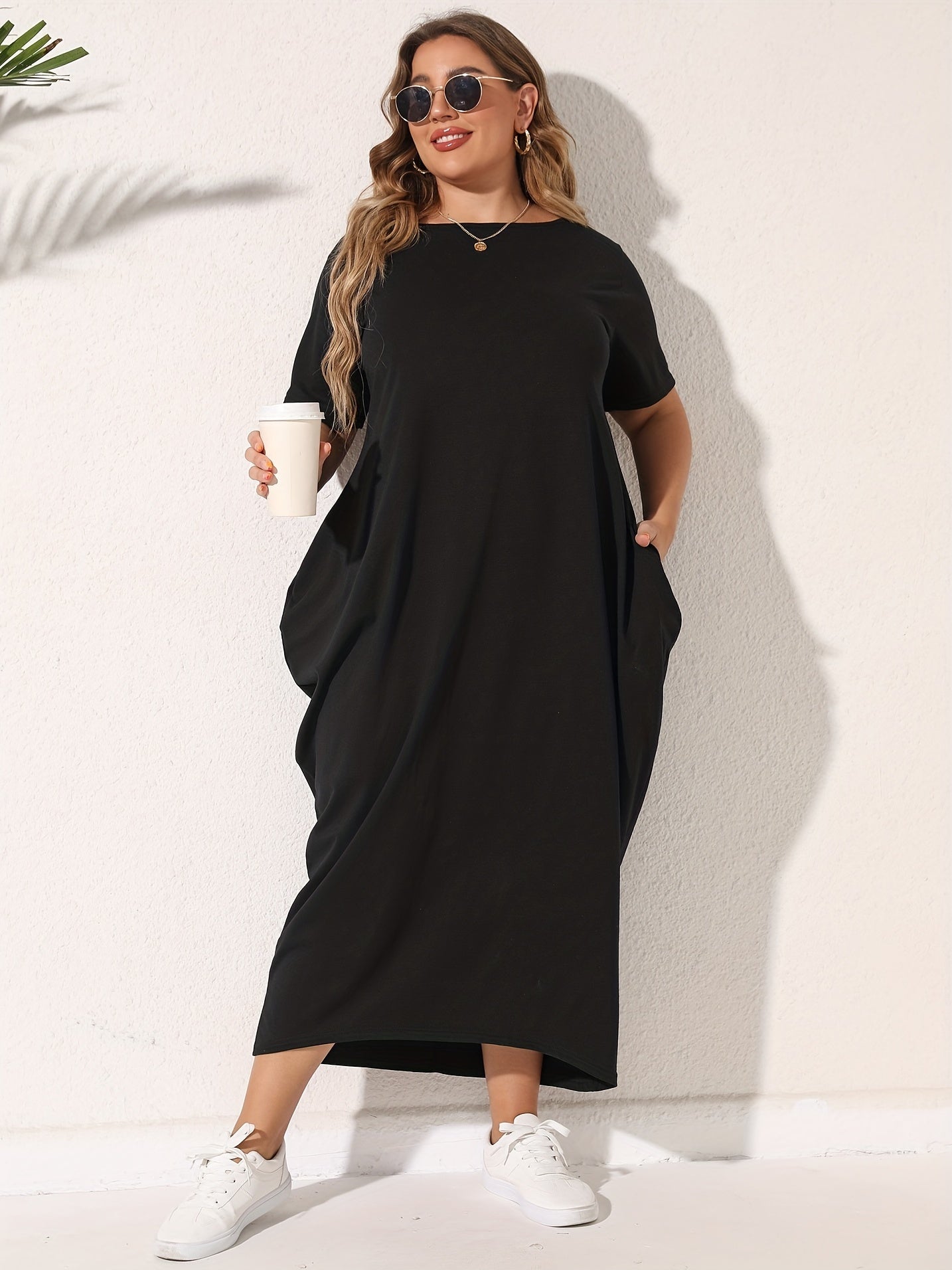 Solid Short Sleeve Maxi Dress With Pockets