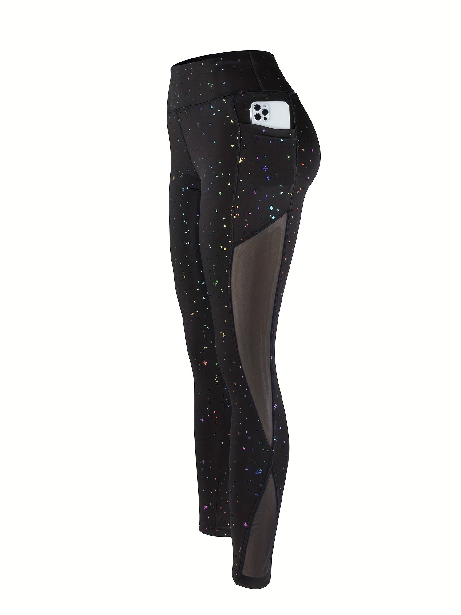 Star Print Mesh High Stretch Yoga Leggings With Pocket