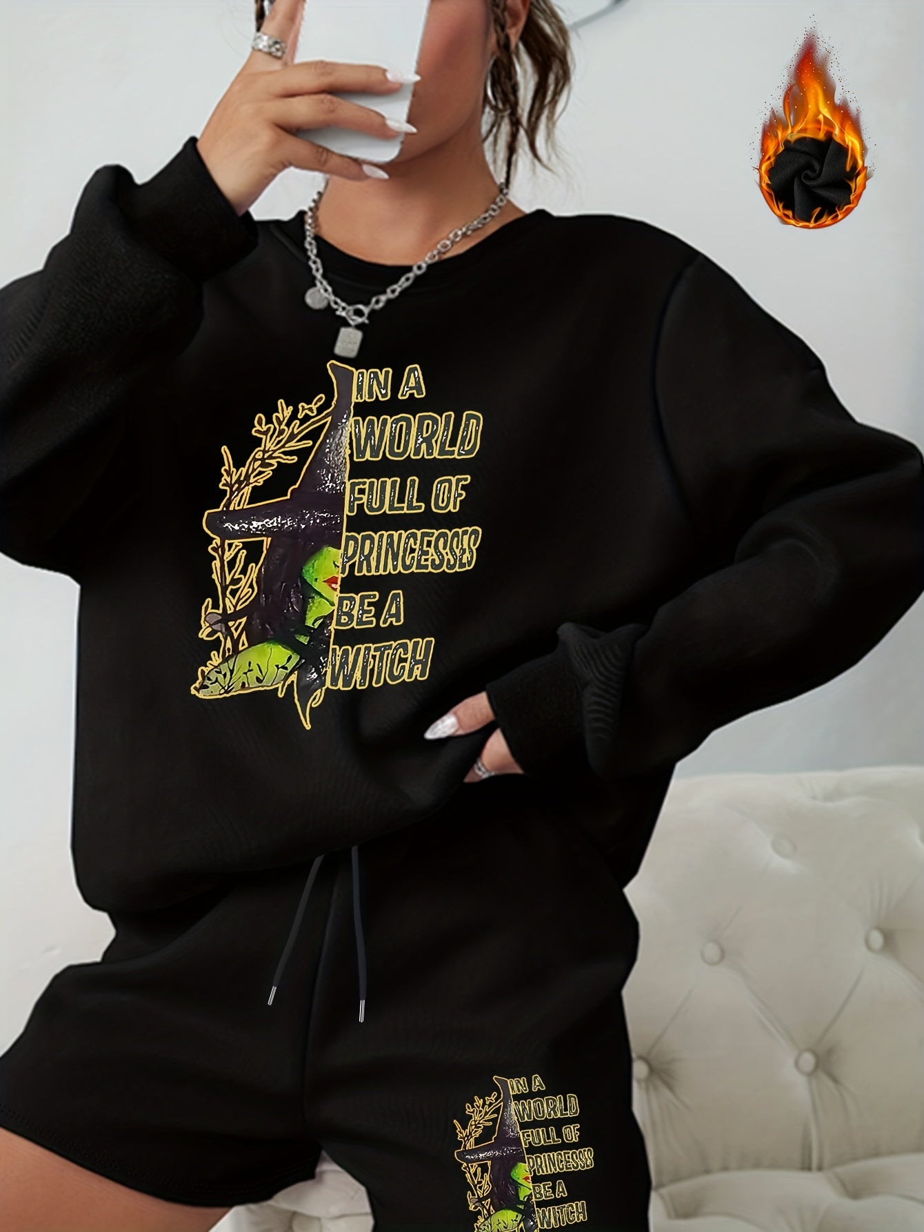 Women's Plus Graphic Print Sweatshirt & Shorts 2pcs Set Outfits