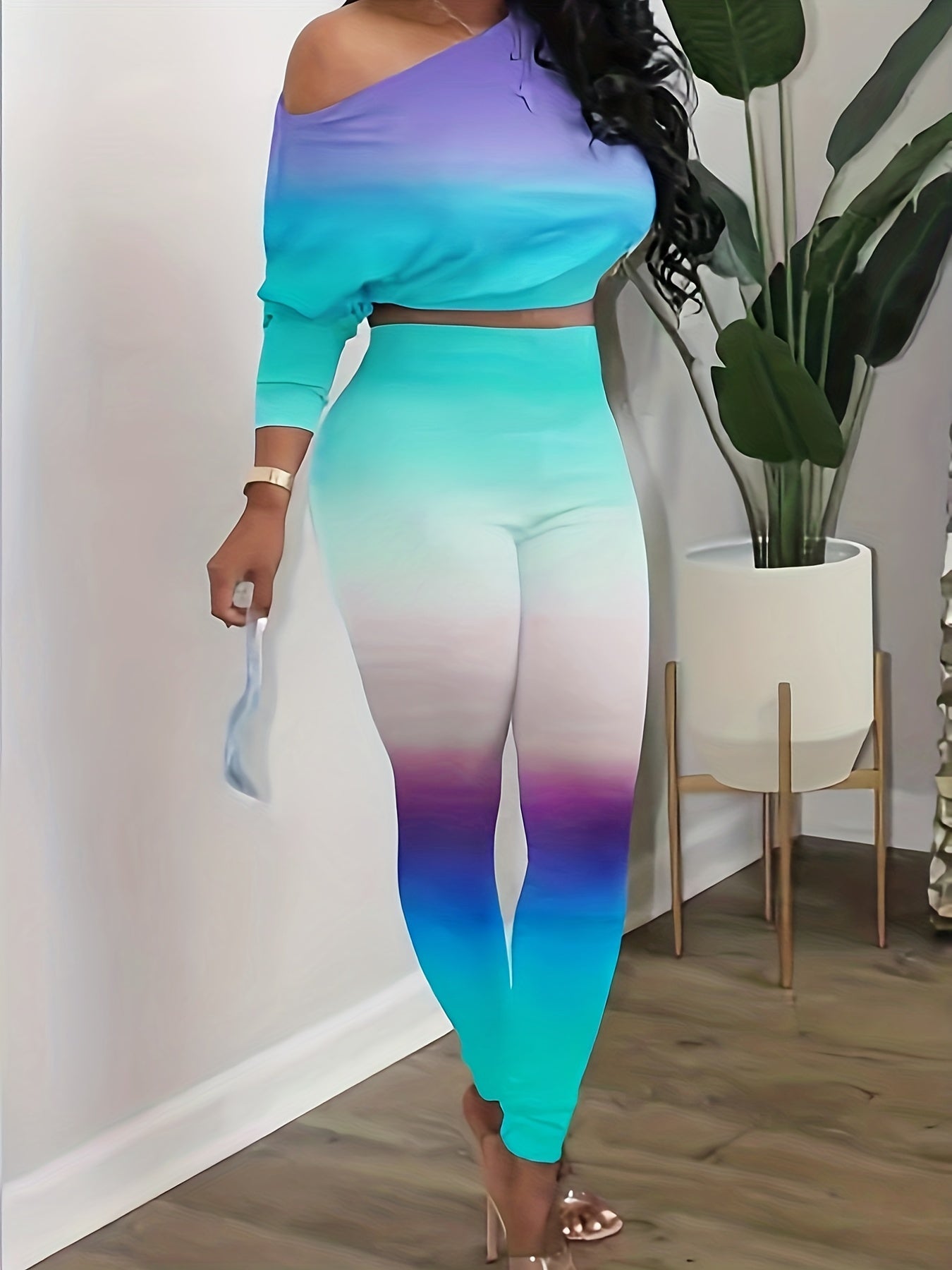 Casual Gradient Two piece Set Cold Shoulder Long Sleeve Top & Slim Pants Outfits
