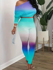 Casual Gradient Two piece Set Cold Shoulder Long Sleeve Top & Slim Pants Outfits