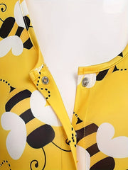 Bee Print Lounge Romper Long Sleeve V Neck Buttons Romper Women's Loungewear