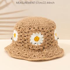 Casual Flower Knit Bucket Cap Khaki Hollow Crochet Fisherman Hat Sun Beach