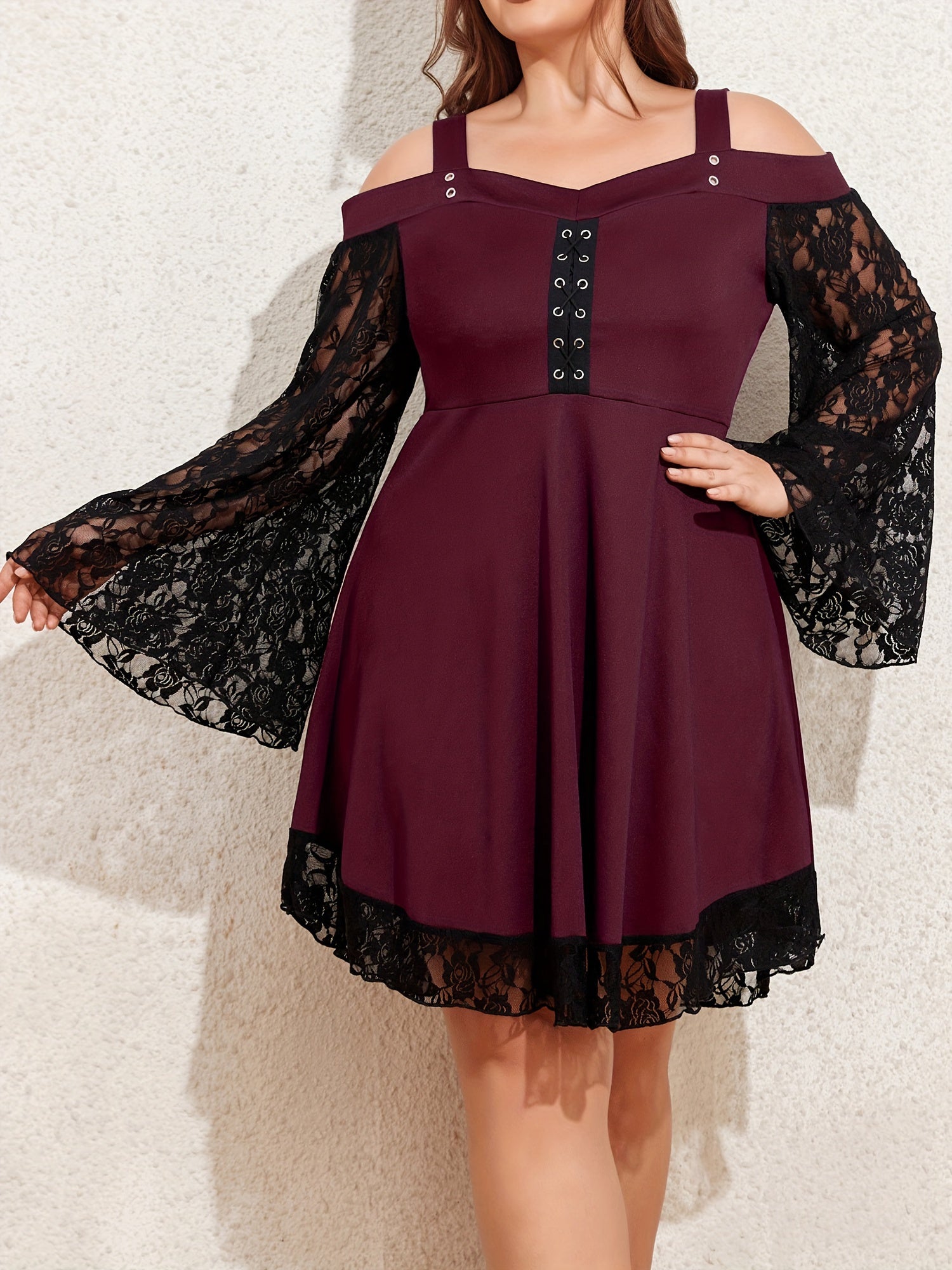 Plus Size Gothic Dress Women's Lace Cold Shoulder Bell Sleeve Lace Up
