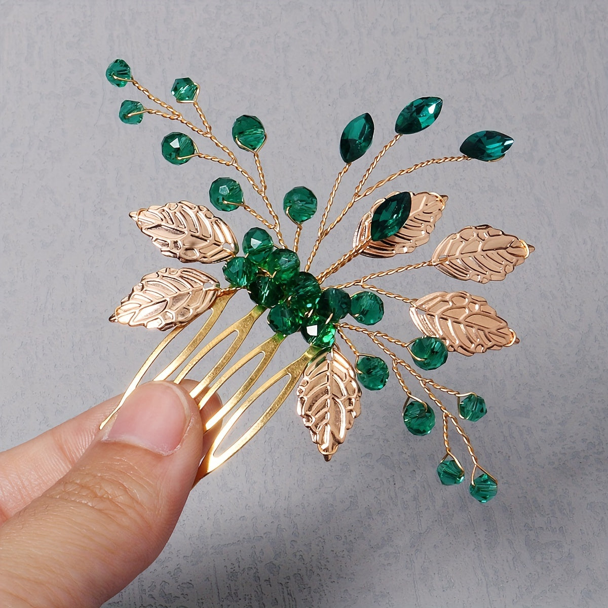 Green Crystal Leaf Charm Hair Comb Bridal Wedding Headwear