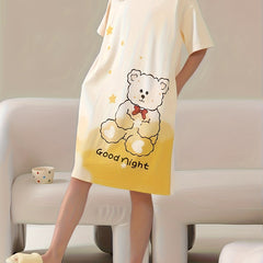 Bear Print Nightdress Crew Neck Short Sleeve Sleep Dress Women's Sleepwear