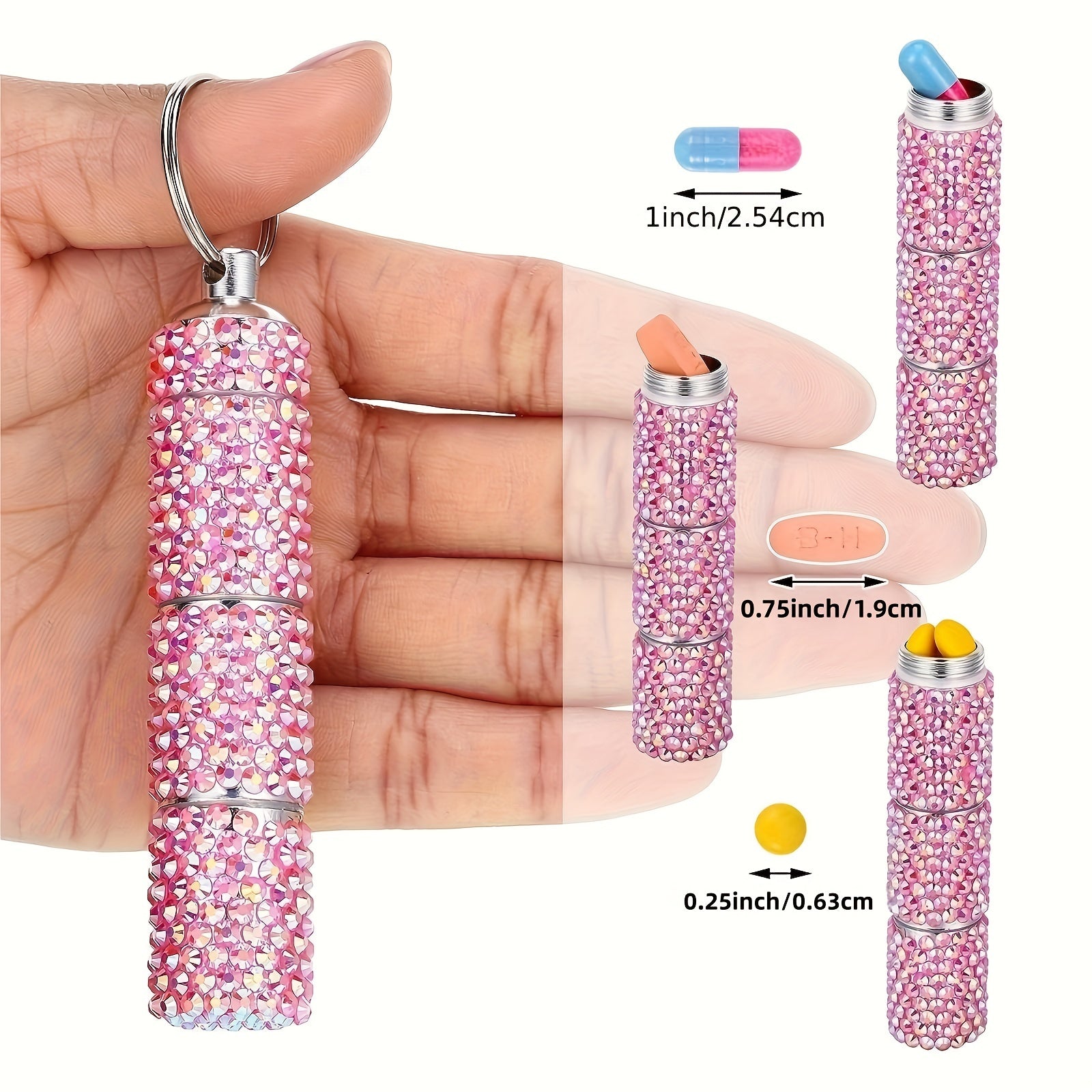 Rhinestone Pill Case Container Keychain for Travel