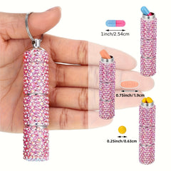 Rhinestone Pill Case Container Keychain for Travel
