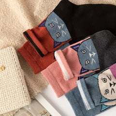 5 Pairs Cat Pattern Crew Socks Women's Stockings