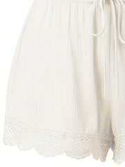 Casual Shorts Women's Plus Solid Elastic Drawstring Contrast Lace Trim