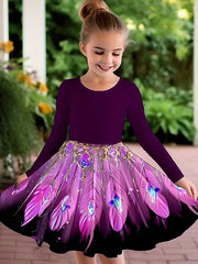 Peacock Tail Print Long Sleeve Crew Neck Dress For Girls