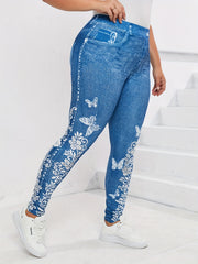 Butterfly & Denim Print High Stretch Leggings