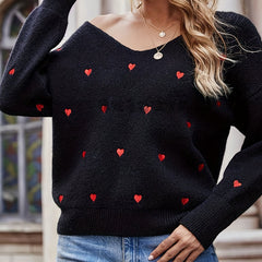 Heart Print Drop Shoulder V Neck Sweater
