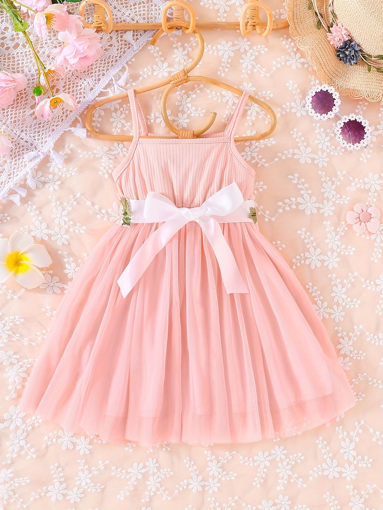 Toddler Girls Flowers Embroidery Mesh Princess Cami Dress