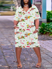 Women's Plus Flamingo & Floral Print Short Sleeve V Neck High Stretch Dress