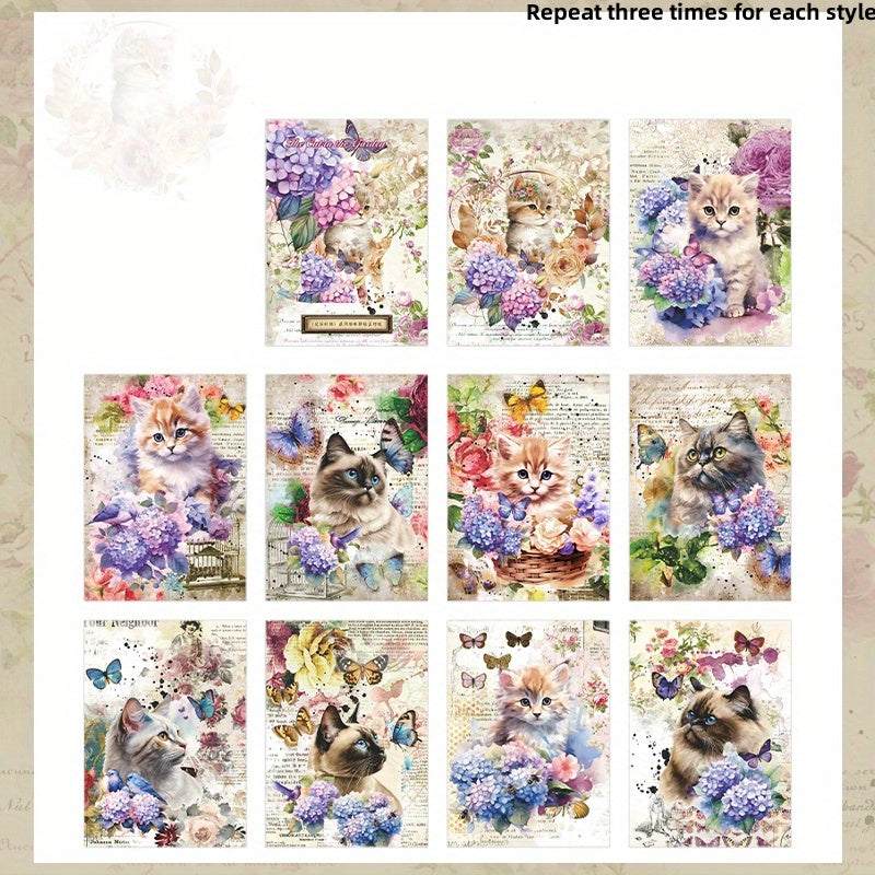 30pcs Cat Collage Paper Pack Garden Cat Series Floral Decoration