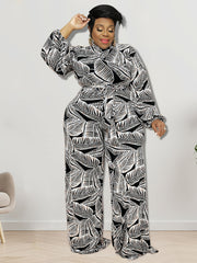 Tropical Print Lantern Sleeve Jumpsuit Plus Size