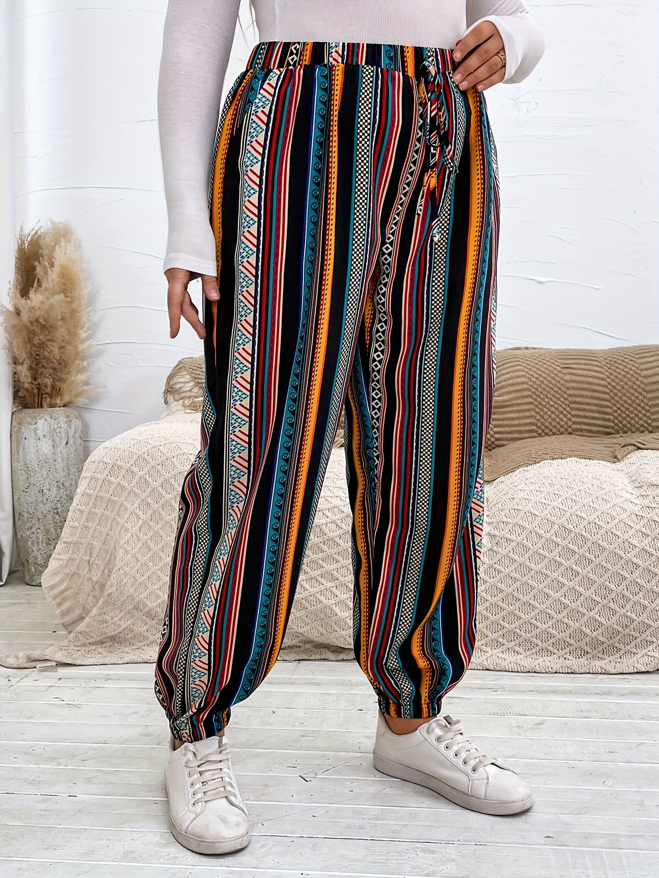 Ethnic Style Pants Women's Plus Patchwork Print Elastic High Rise