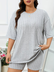 Lounge Set Ribbed Knit Half Sleeve Tee & Biker Shorts Pajama Set