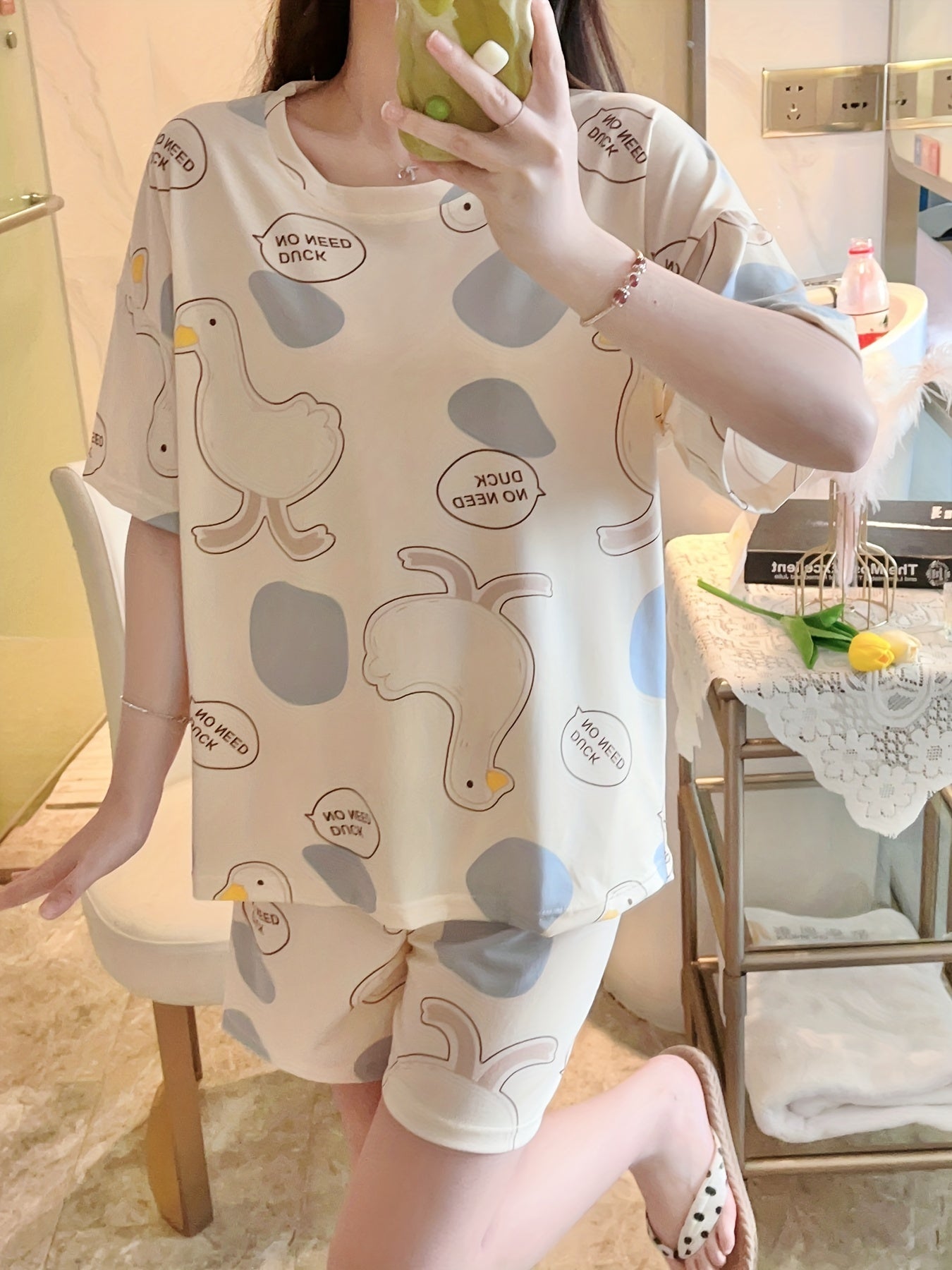 Duck Print Pajama Set Short Sleeve Crew Neck Top & Shorts