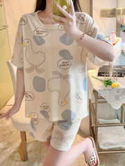 Duck Print Pajama Set Short Sleeve Crew Neck Top & Shorts