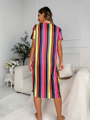 Rainbow Striped Lounge Dress Short Sleeve Crew Neck Home Dress