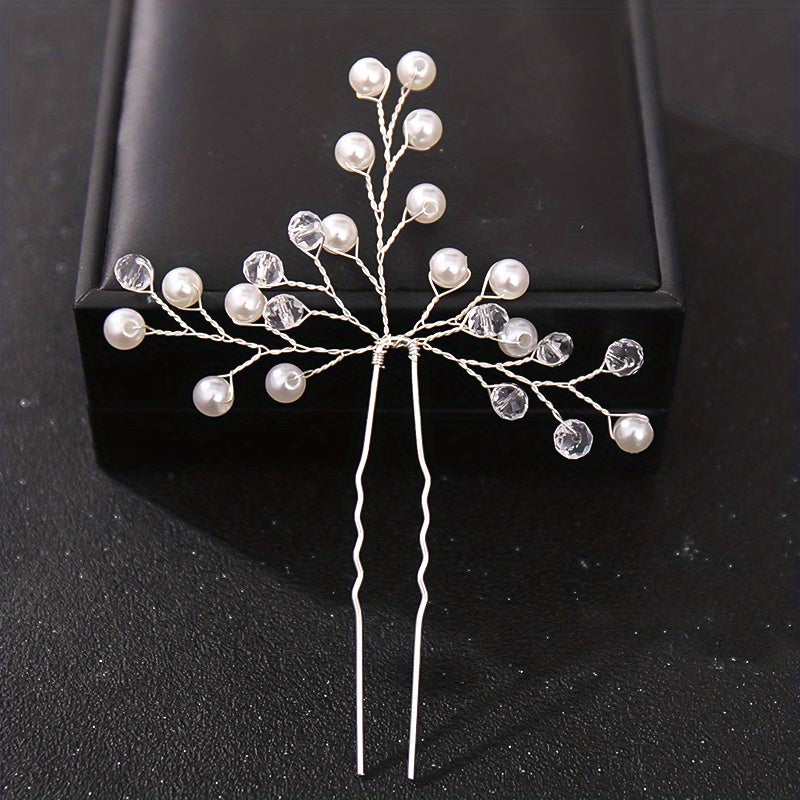 Silvery Crystal Faux Pearl Hairpins U shaped Hair Pin Wedding Bridal Hair Sticks