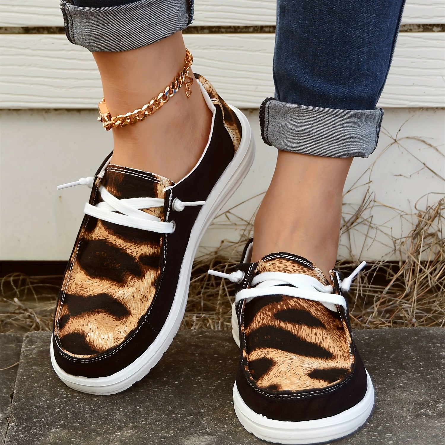 Leopard Print Boat Shoes Lace Up Low Top Casual Walking Shoes