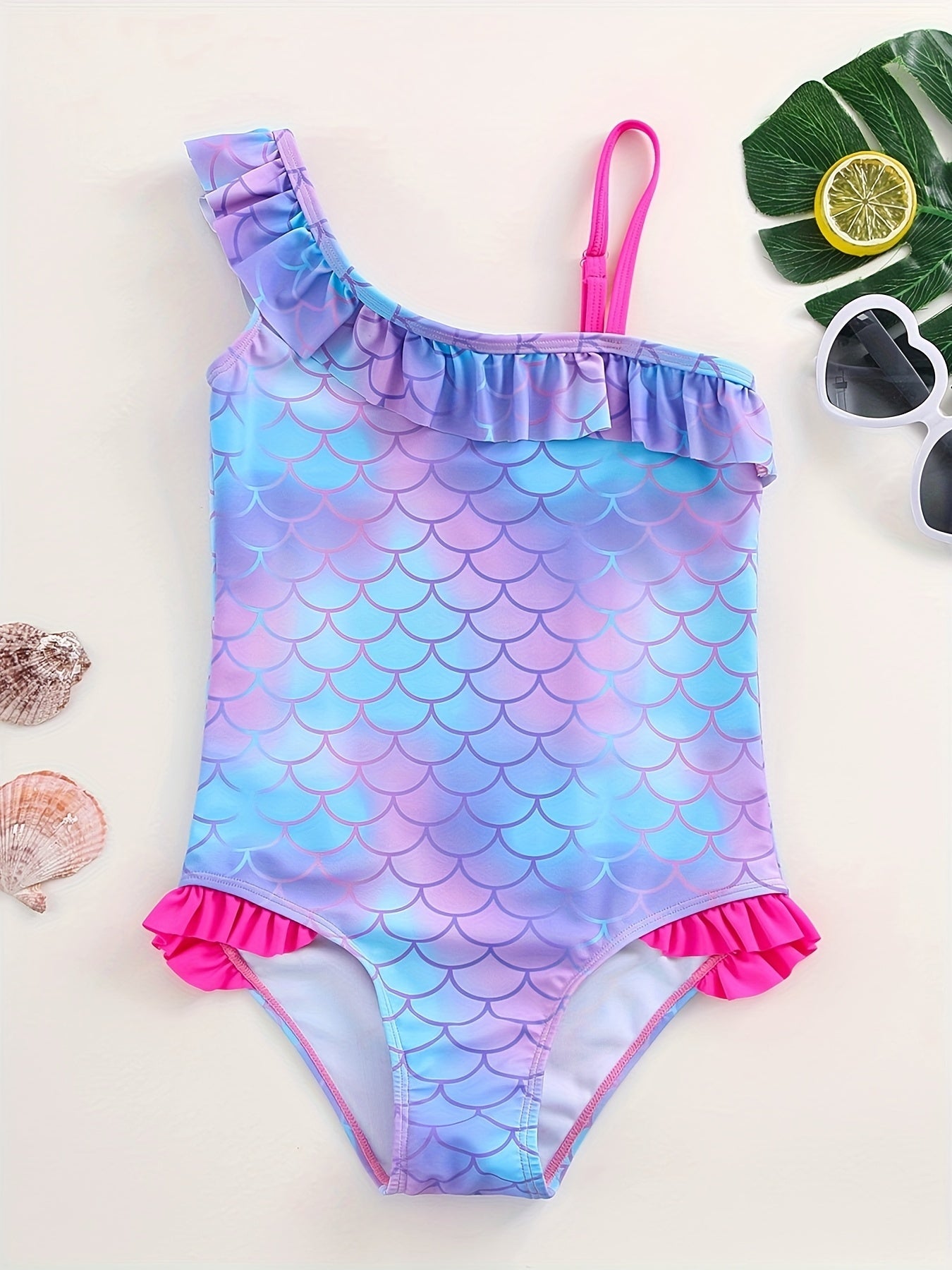 Mermaid Tie Dye Ruffled Swimsuit for Girls - One Shoulder One Piece