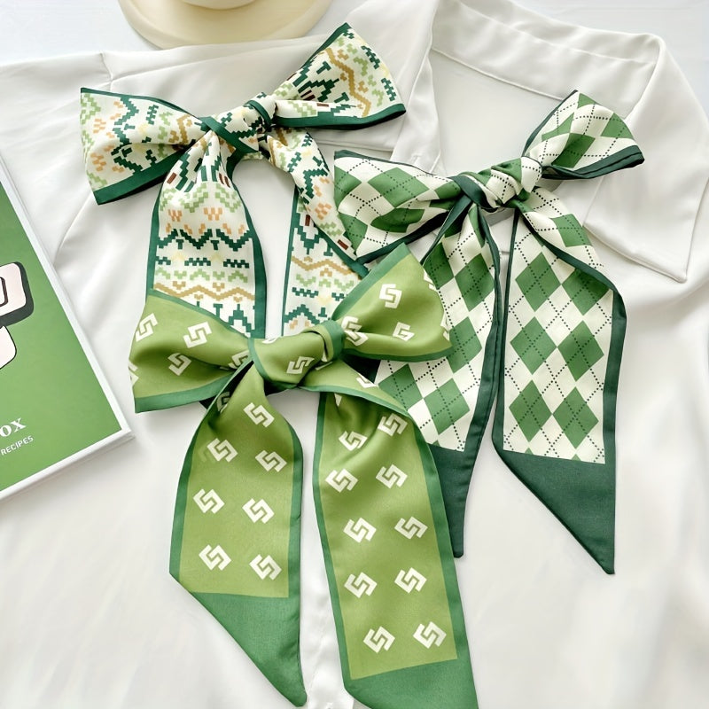 Green Casual Twilly Scarf Classic Print Ribbon Scarf Hair Tie
